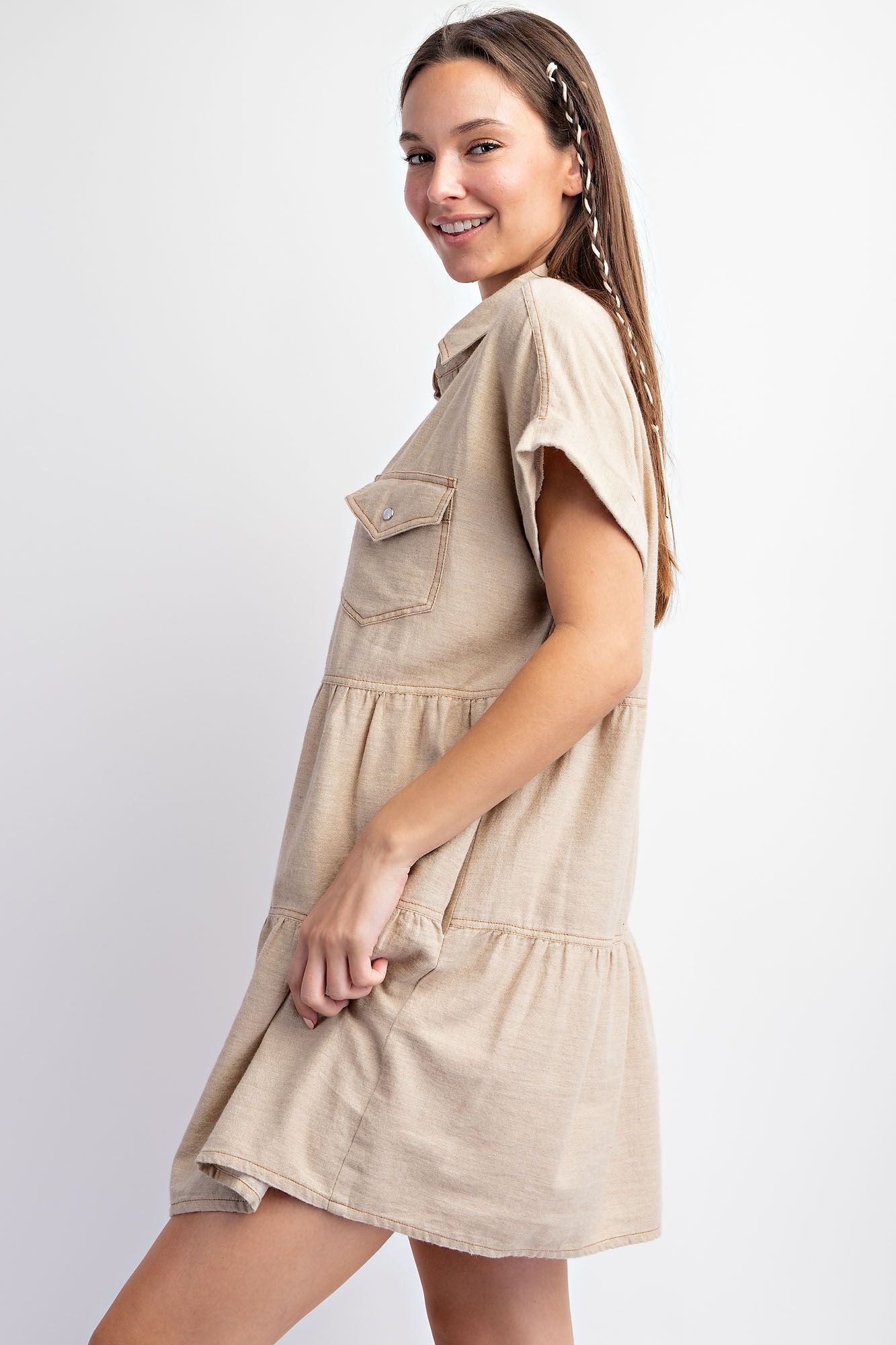 Khaki Short Sleeve Button Down Dress