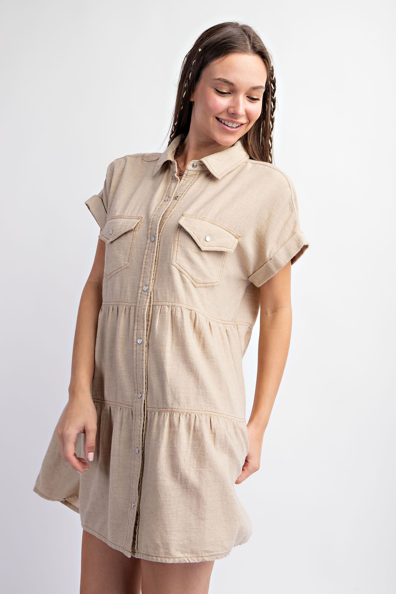 Khaki Short Sleeve Button Down Dress