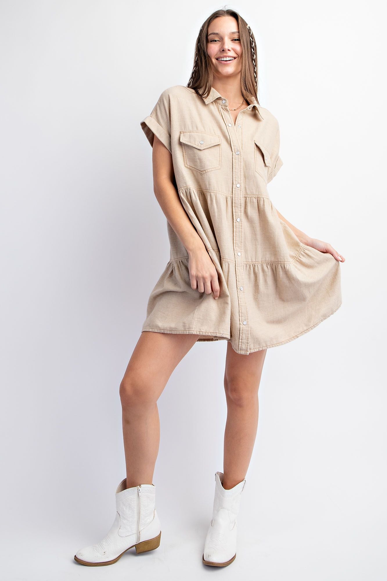 Khaki Short Sleeve Button Down Dress