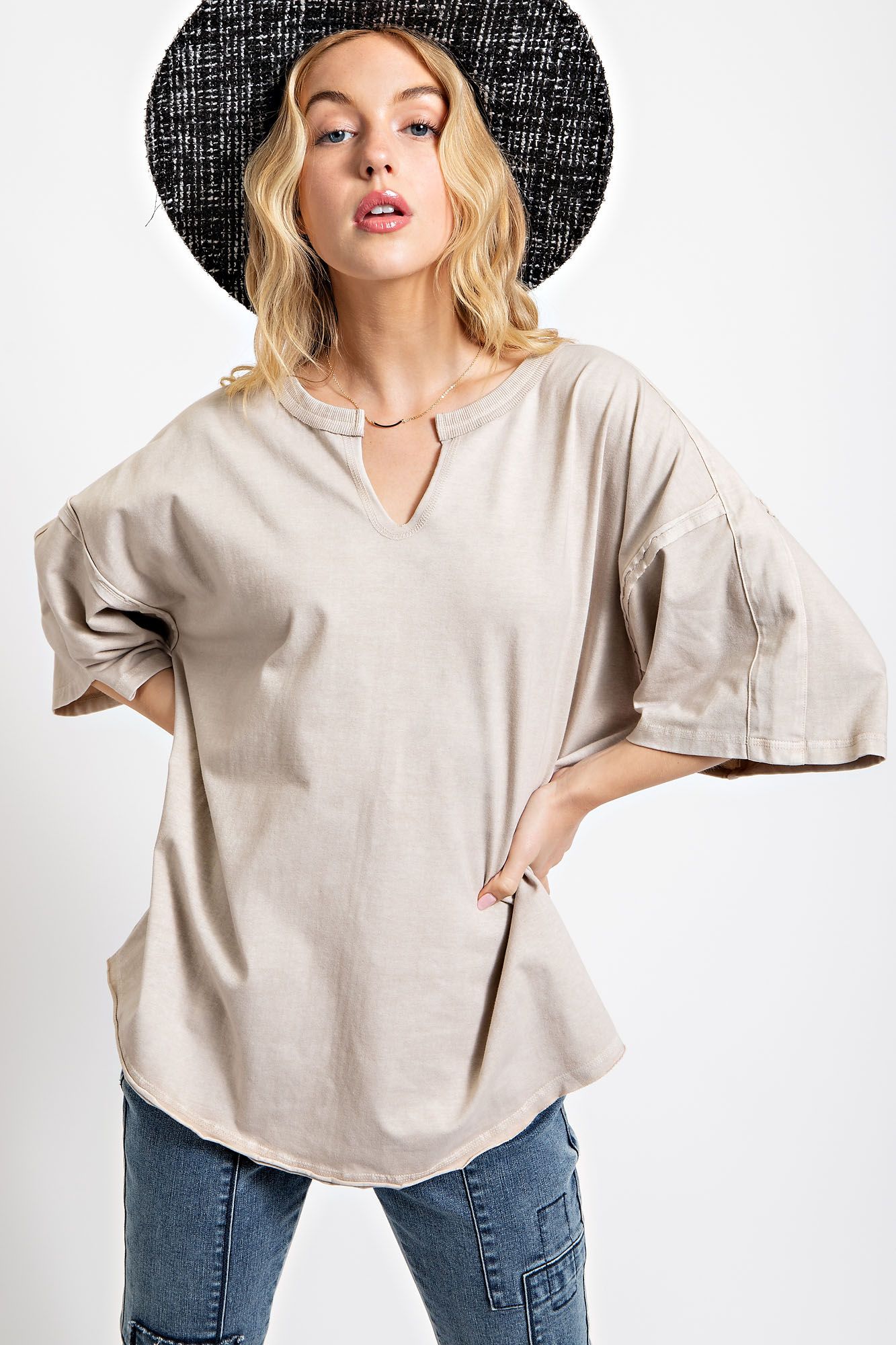 Cotton Jersey Notched Neckline Top