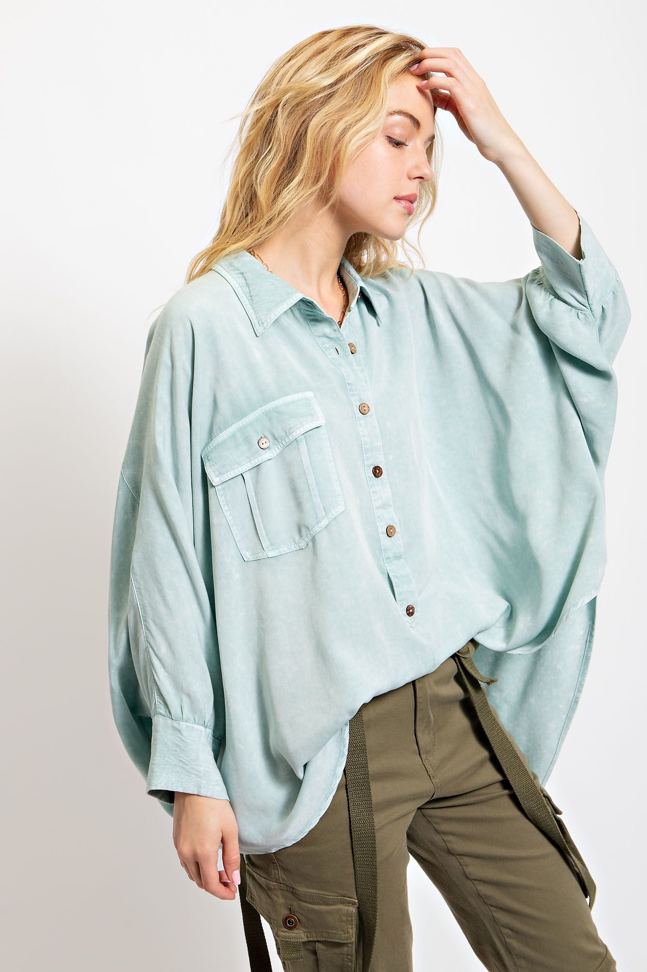 Washed Dolman Sleeve Button Up