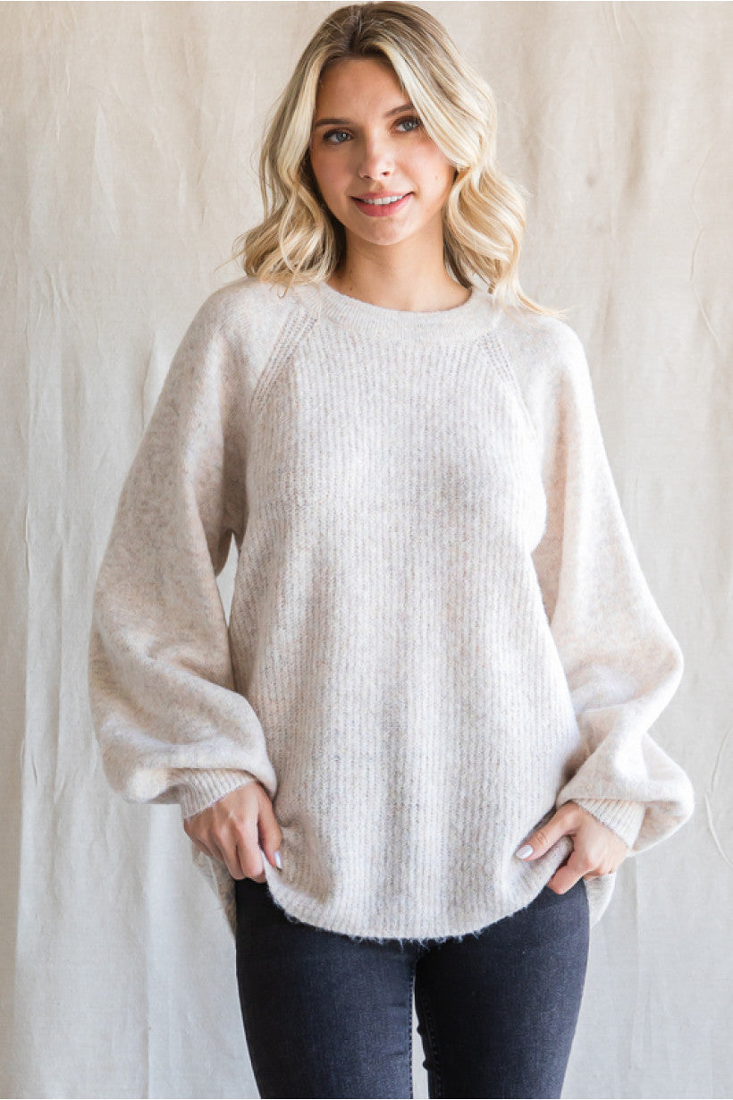 Oatmeal Raglan Lantern Sleeve Sweater
