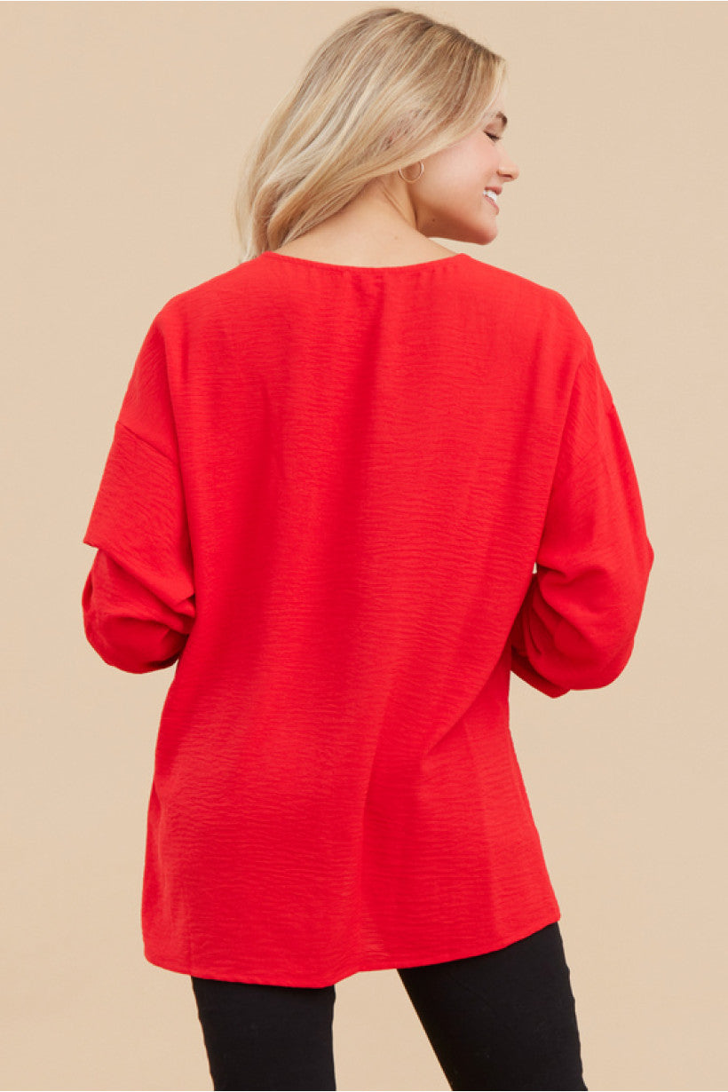 Button Cuff Flowy V-Neck