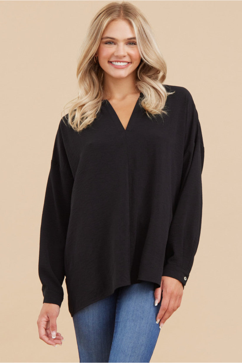 Button Cuff Flowy V-Neck