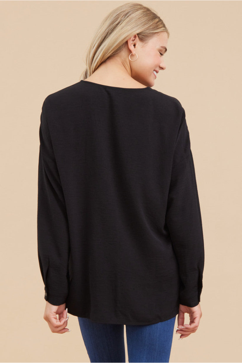 Button Cuff Flowy V-Neck