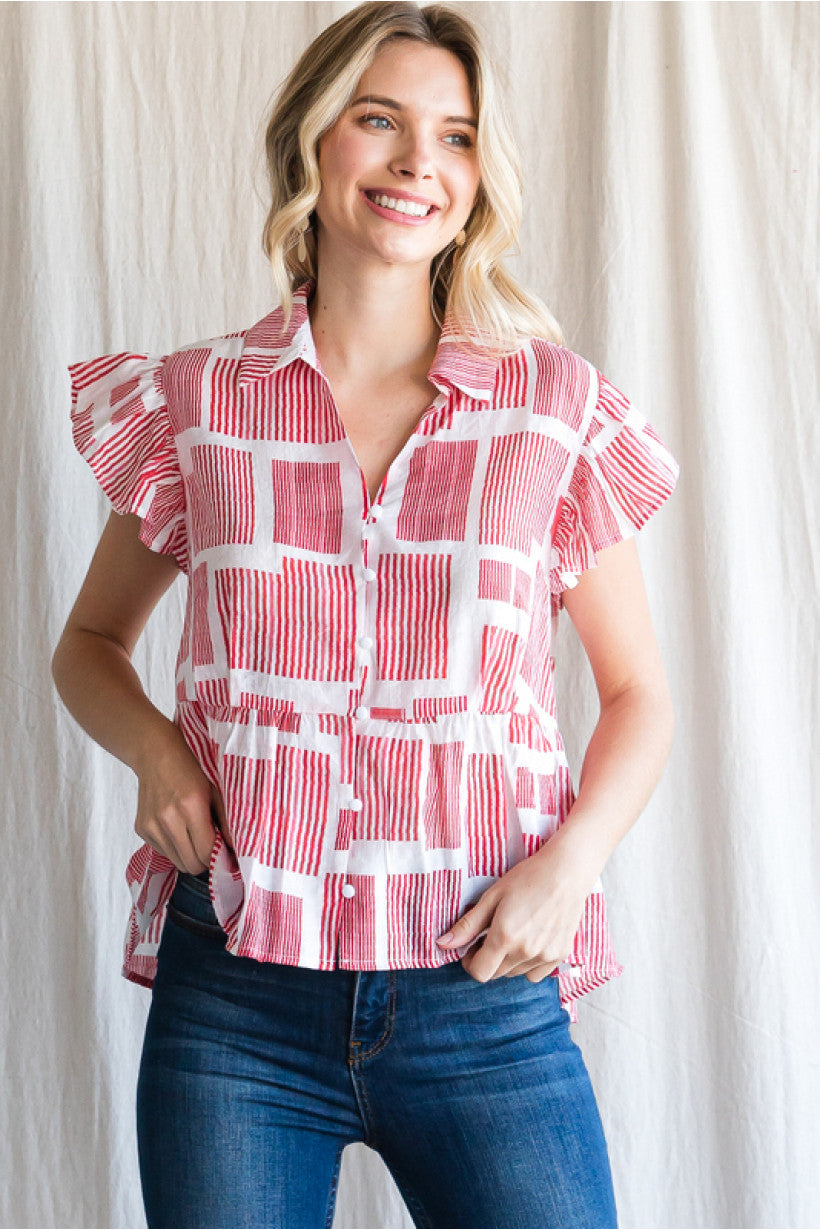 Red Abstract Stripe Peplum Top