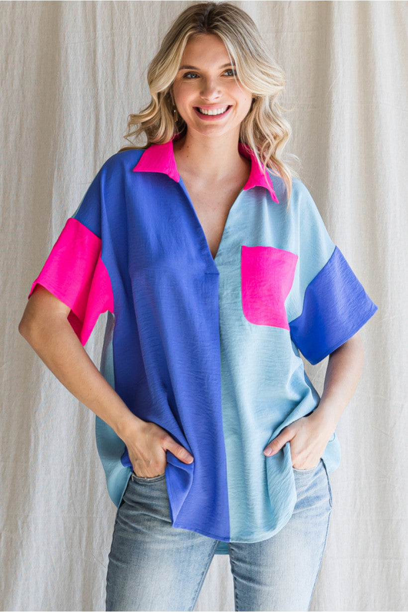 Collard Colorblock V-Neck Top