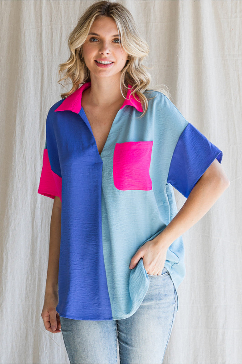 Collard Colorblock V-Neck Top