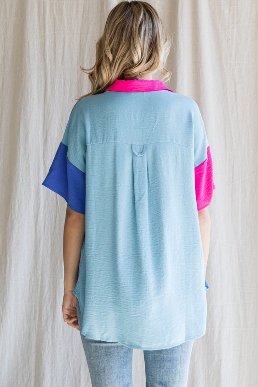 Collard Colorblock V-Neck Top