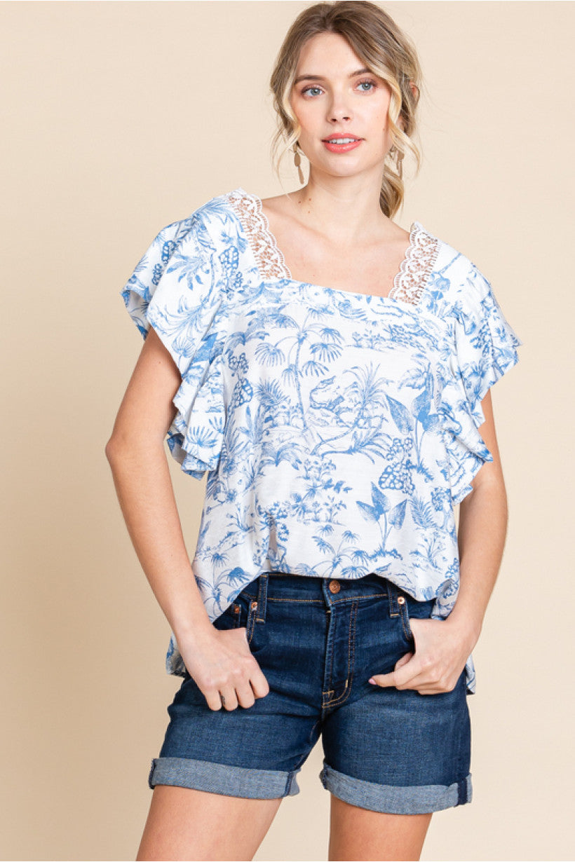 Lace Accent Blue Floral Top