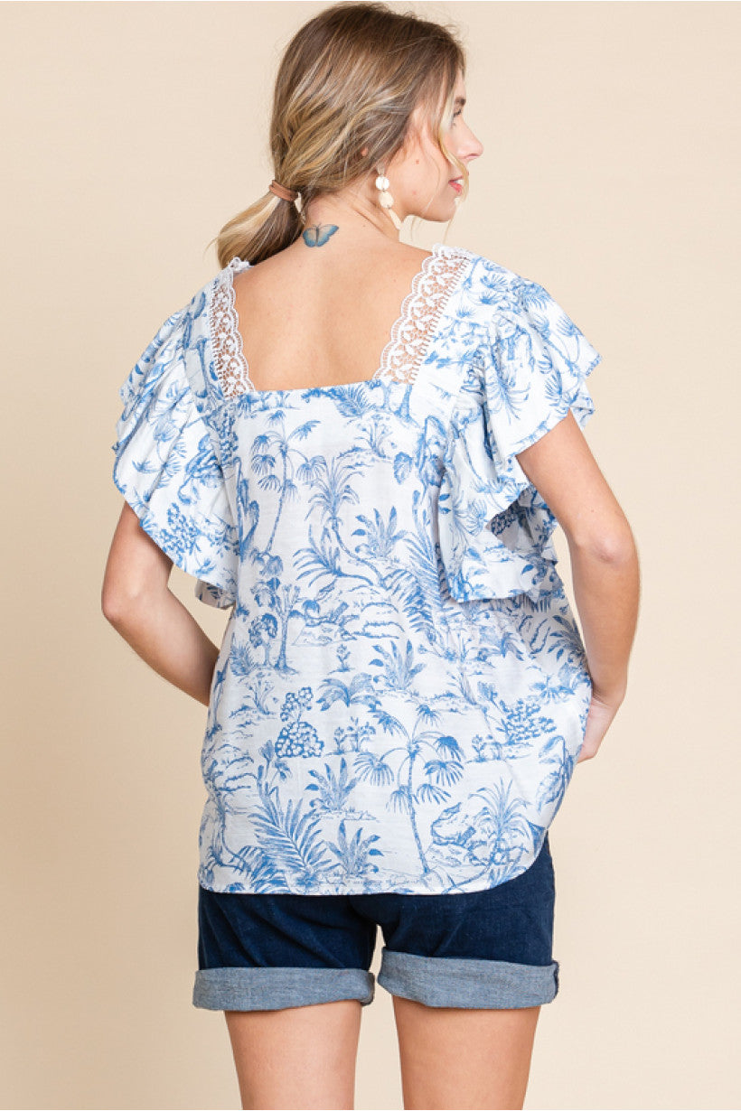 Lace Accent Blue Floral Top