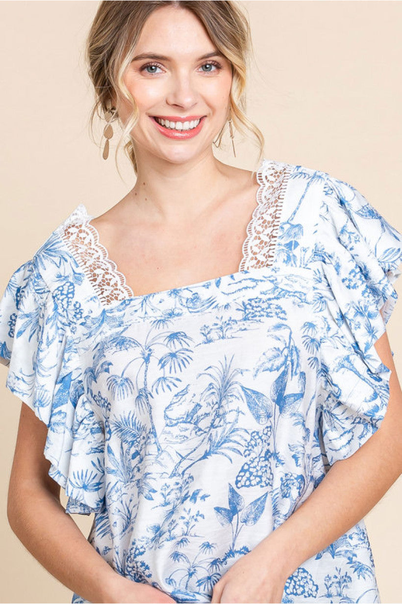 Lace Accent Blue Floral Top