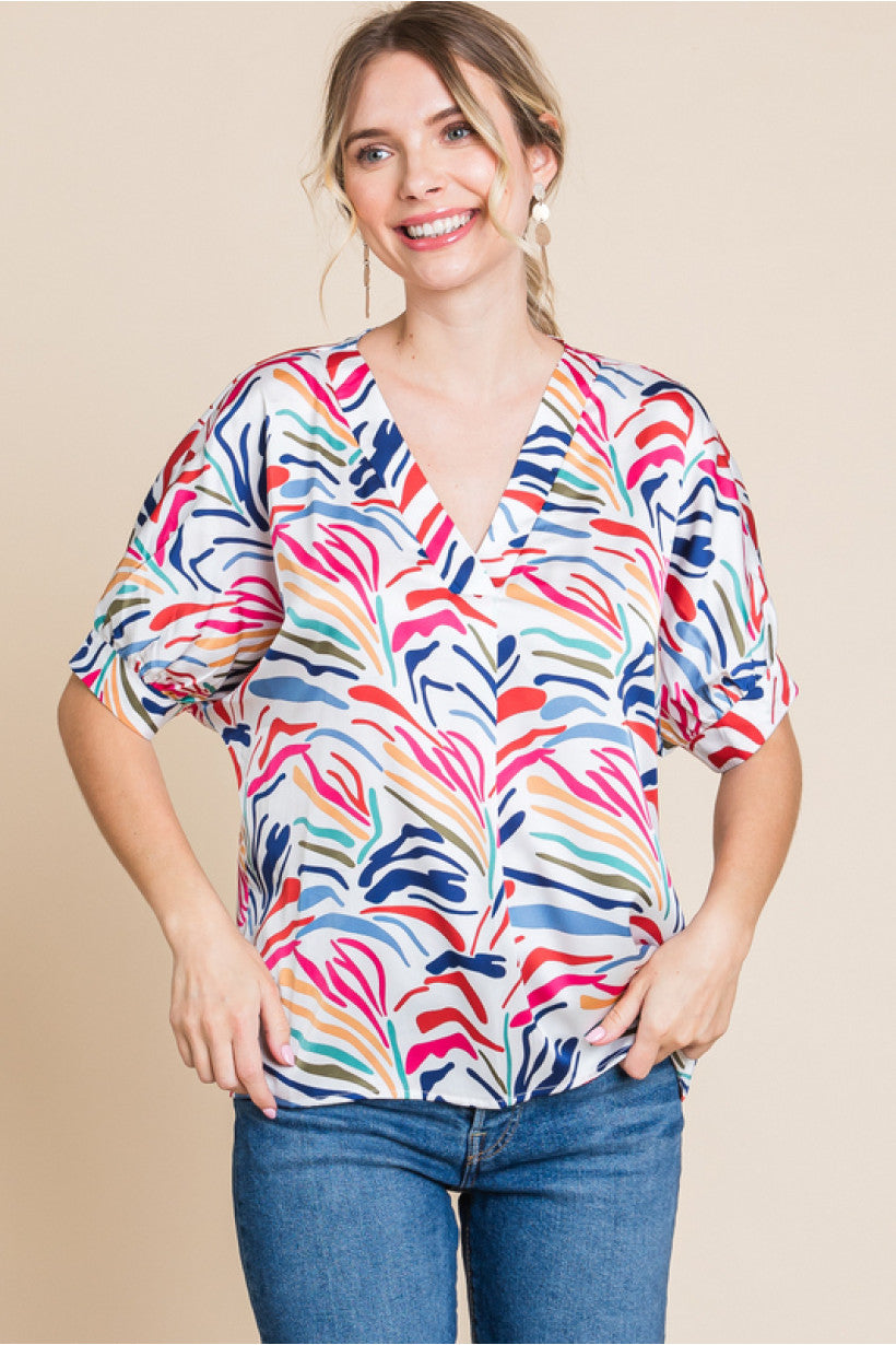 Satin Print V-Neck Top