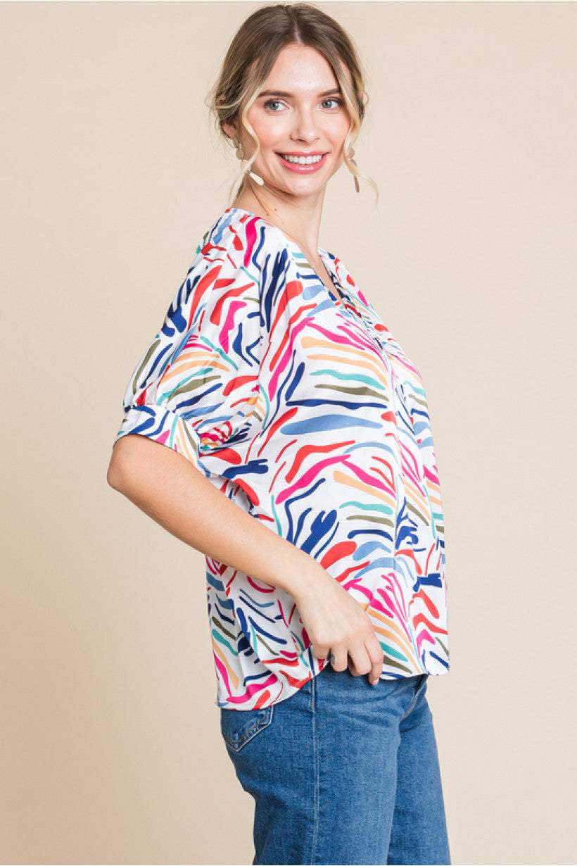 Satin Print V-Neck Top