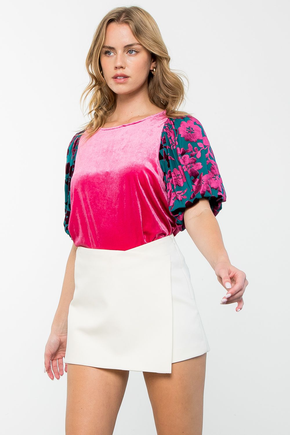 Magenta Puff Sleeve Velvet Top