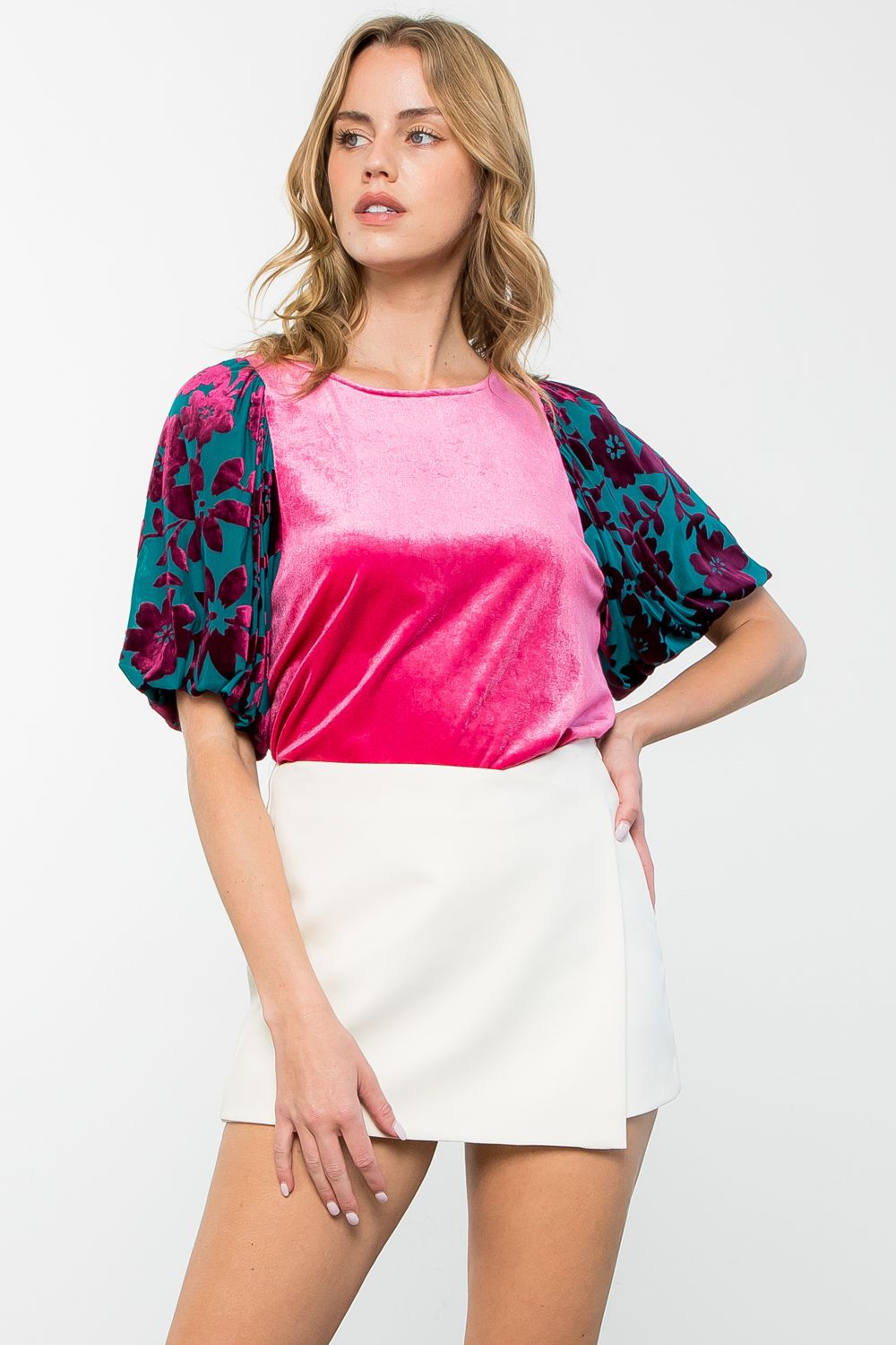 Magenta Puff Sleeve Velvet Top
