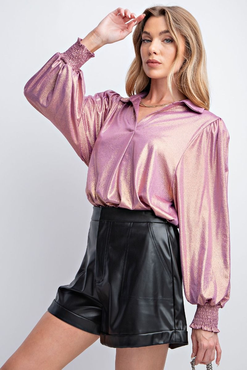 Lavender Foil Collared V-Neck