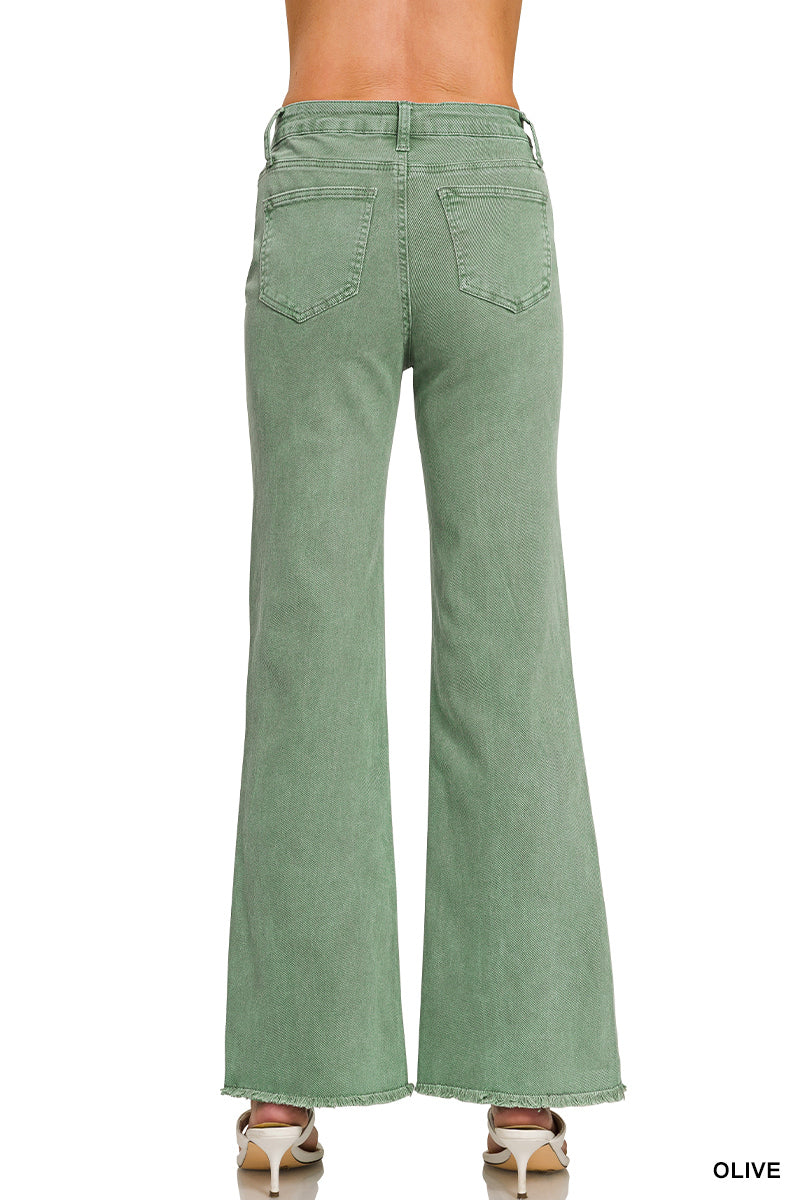 Olive Frayed Hem Straight Wide Pants