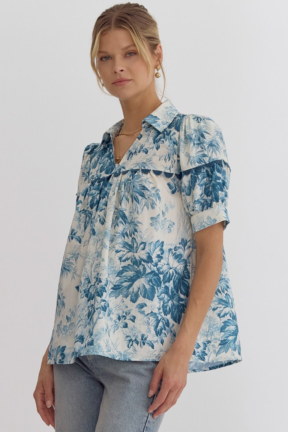 Teal Blue Floral Blouse