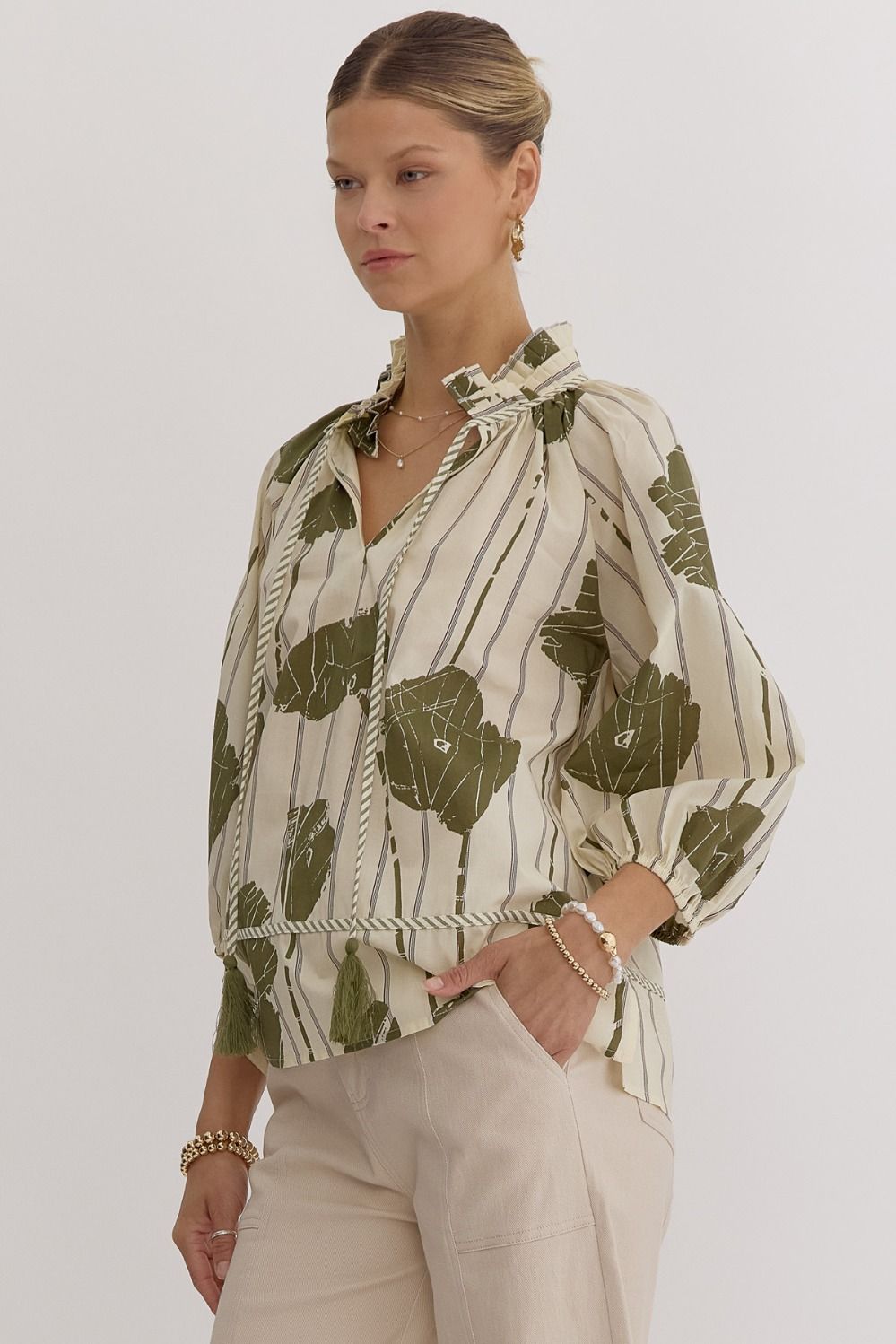 Olive Front Tie Blouse