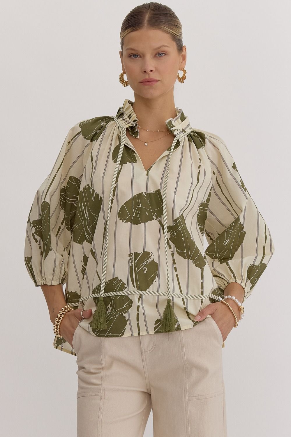 Olive Front Tie Blouse