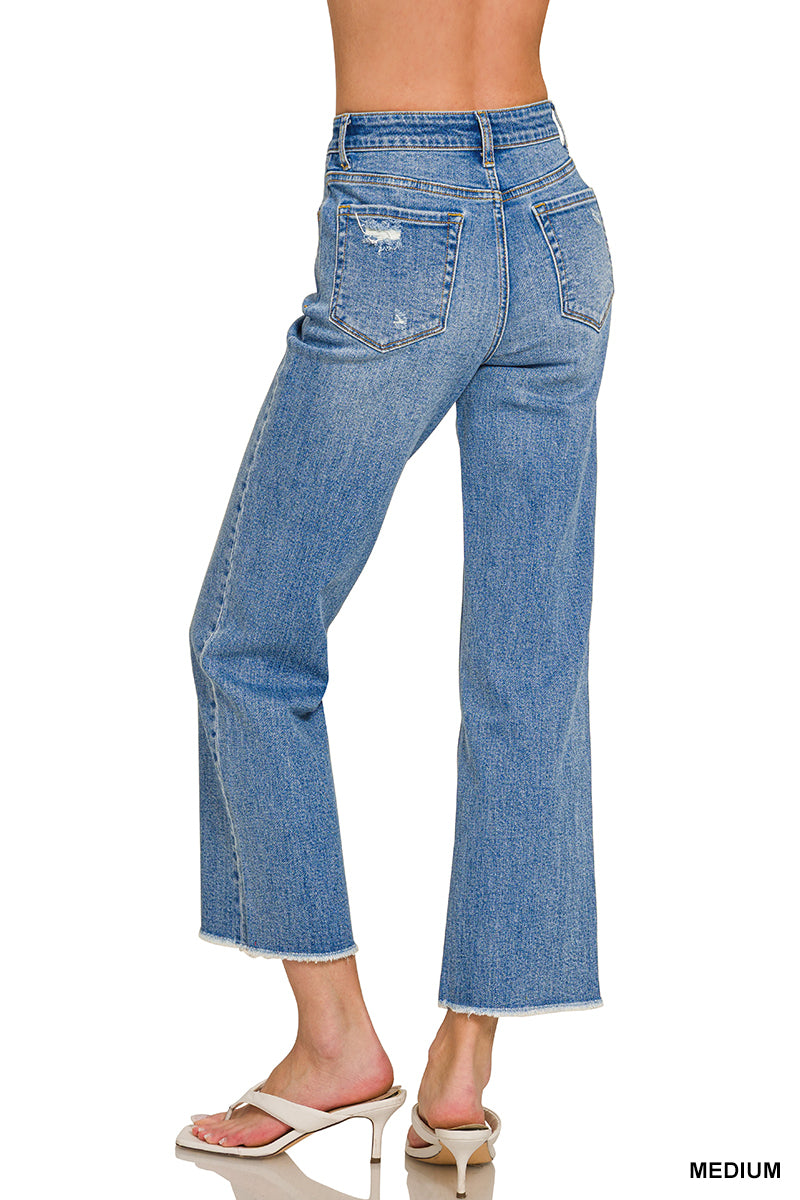 Medium Wash Frayed Hem Denim Pants