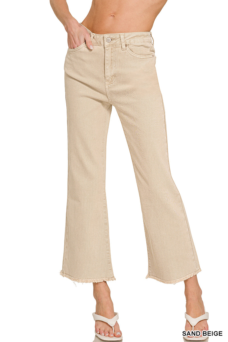 Sand Beige Frayed Hem Bootcut Pants