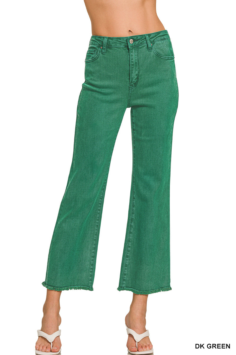 Dark Green Frayed Hem Bootcut Pants