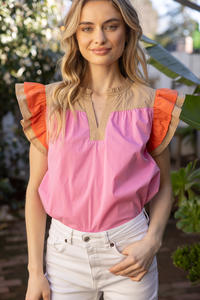 Pink + Taupe + Orange Flutter Sleeve Top