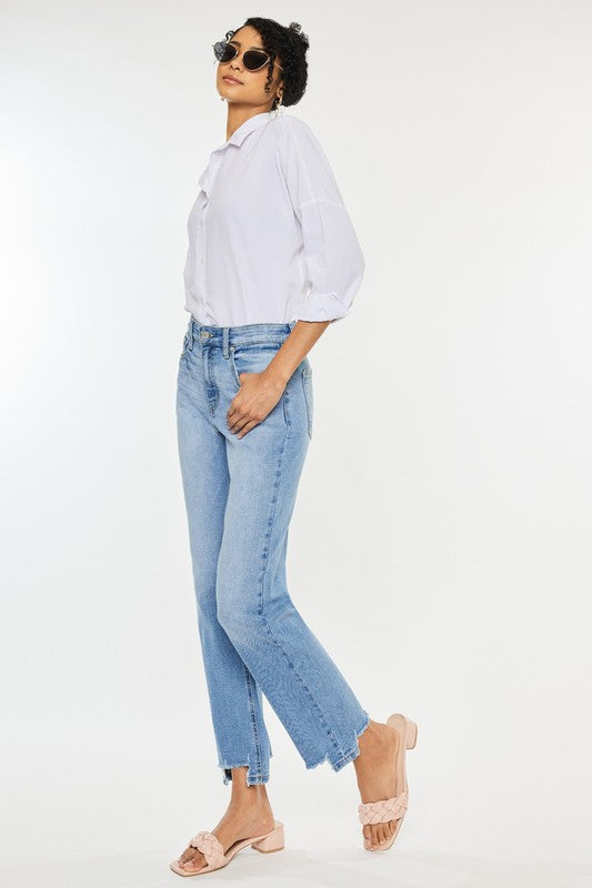 High Rise Straight Destroyed Hem Jeans