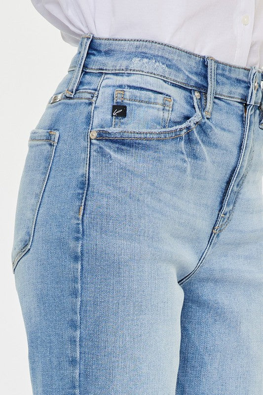 High Rise Straight Destroyed Hem Jeans