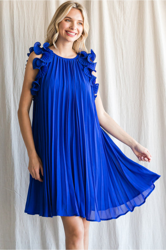 Royal Blue Scrunch Shoulder & Pleated Dress