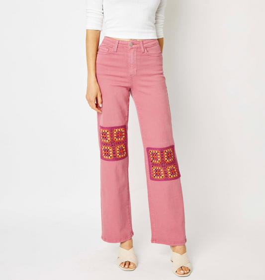 Dusty Pink Crochet Patch High Waist Jean