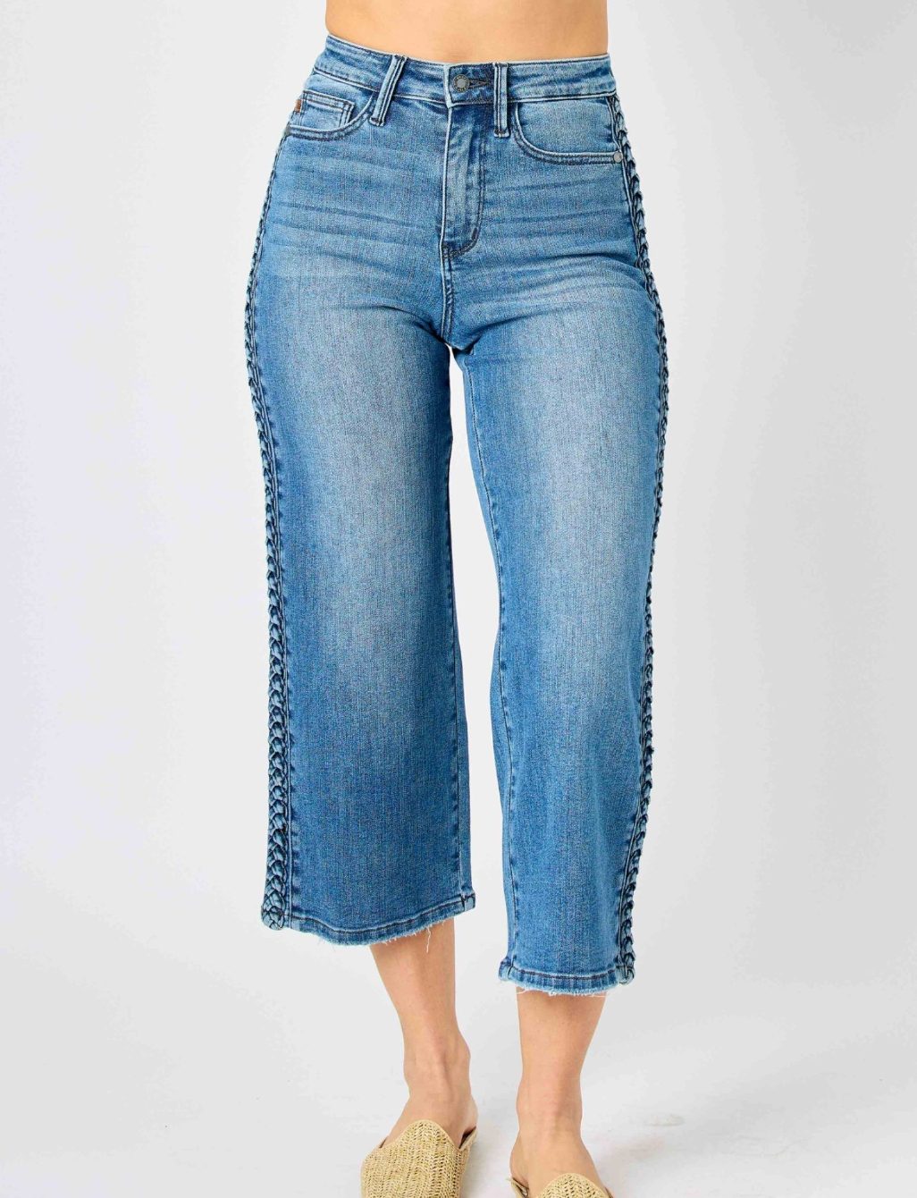 Braided Side Detail Wide Crop Hugh Waist Jean