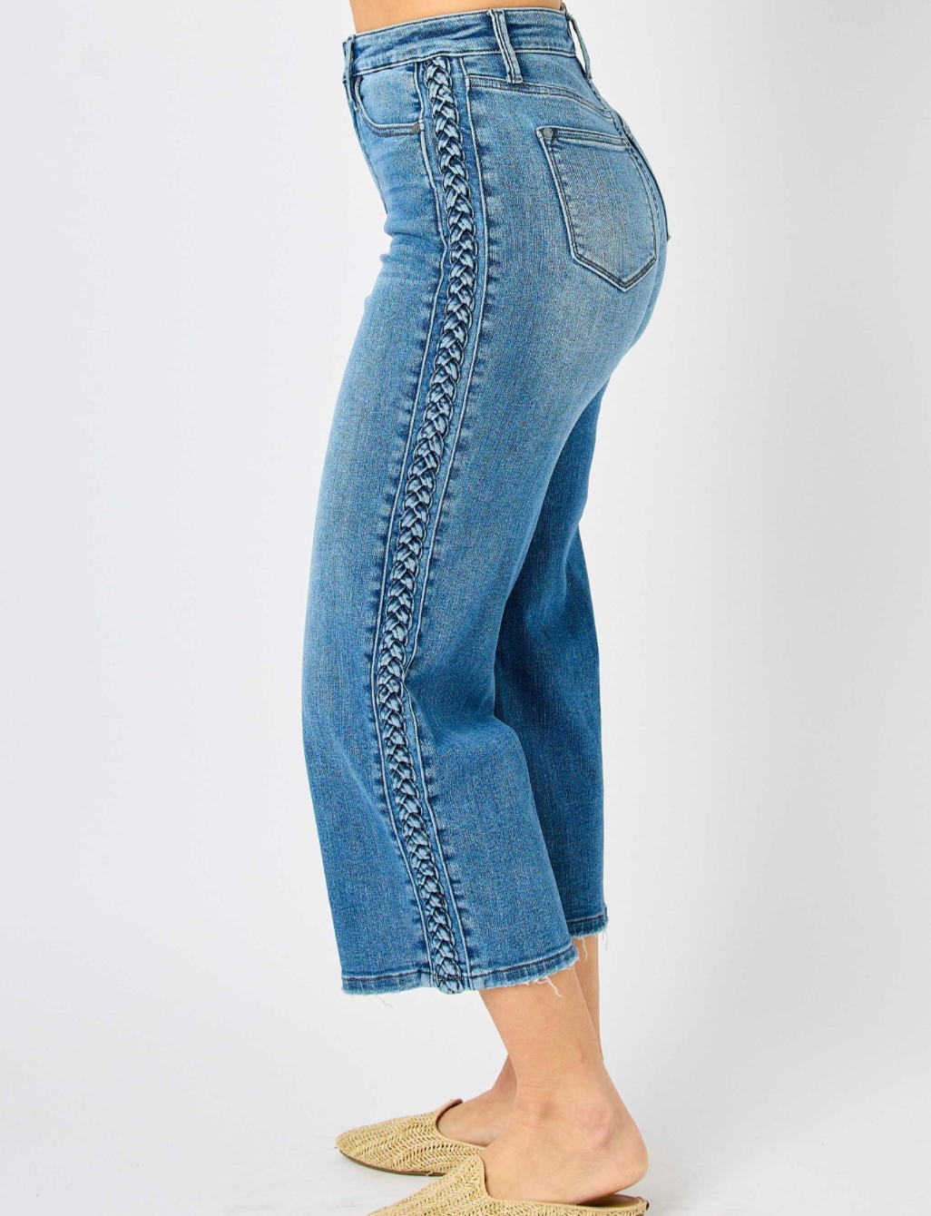 Braided Side Detail Wide Crop Hugh Waist Jean
