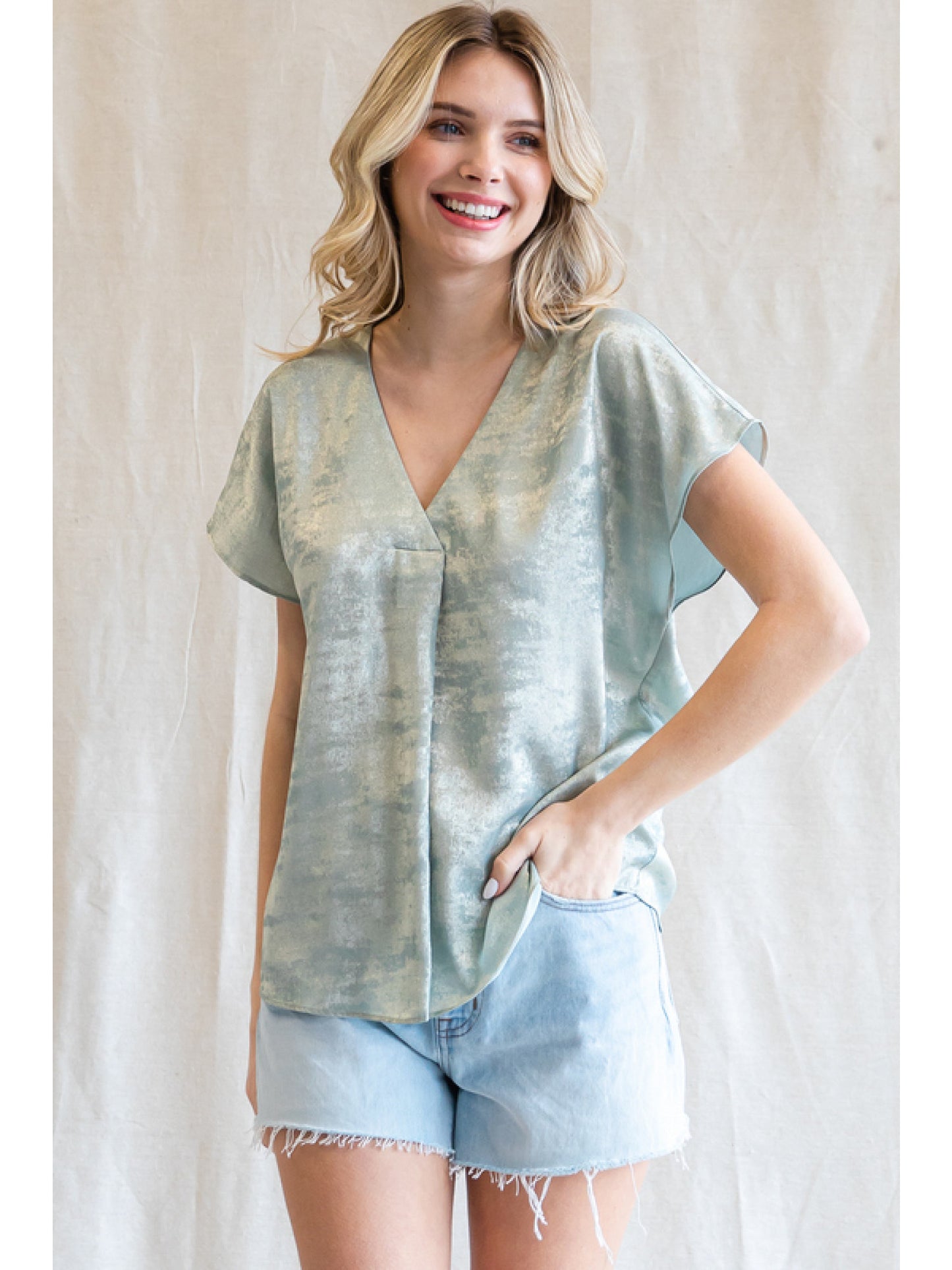 Metallic Mint V-Neck Top