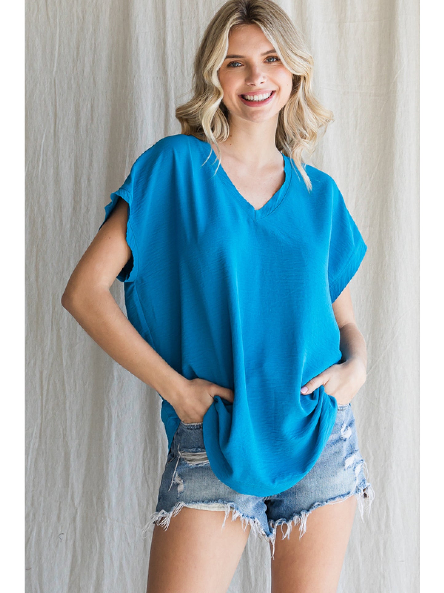 Simple Cap Sleeve V-Neck