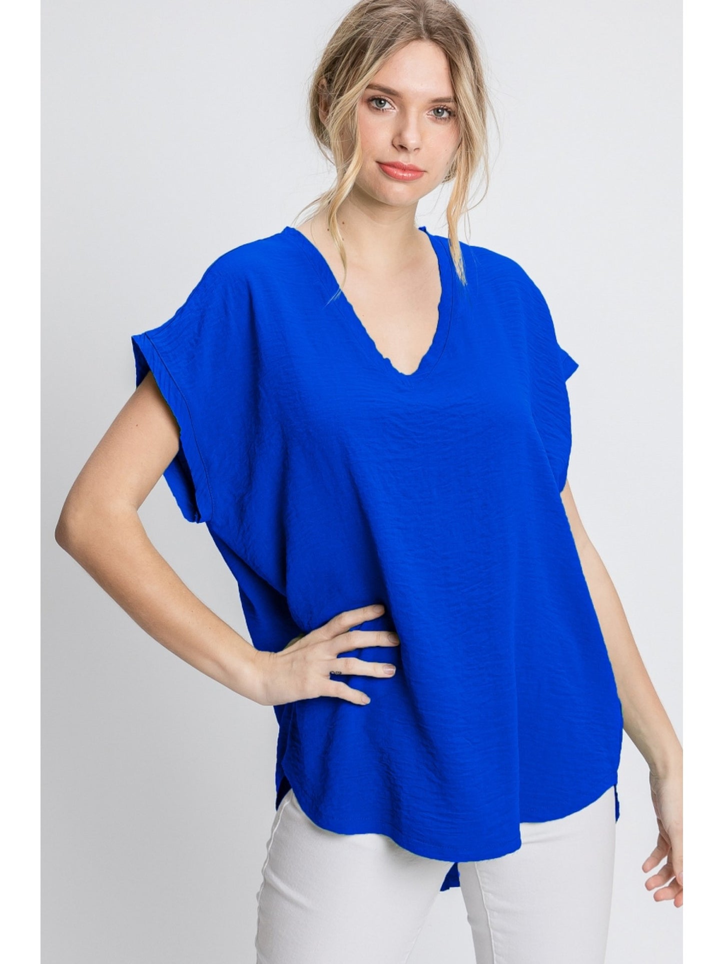 Simple Cap Sleeve V-Neck