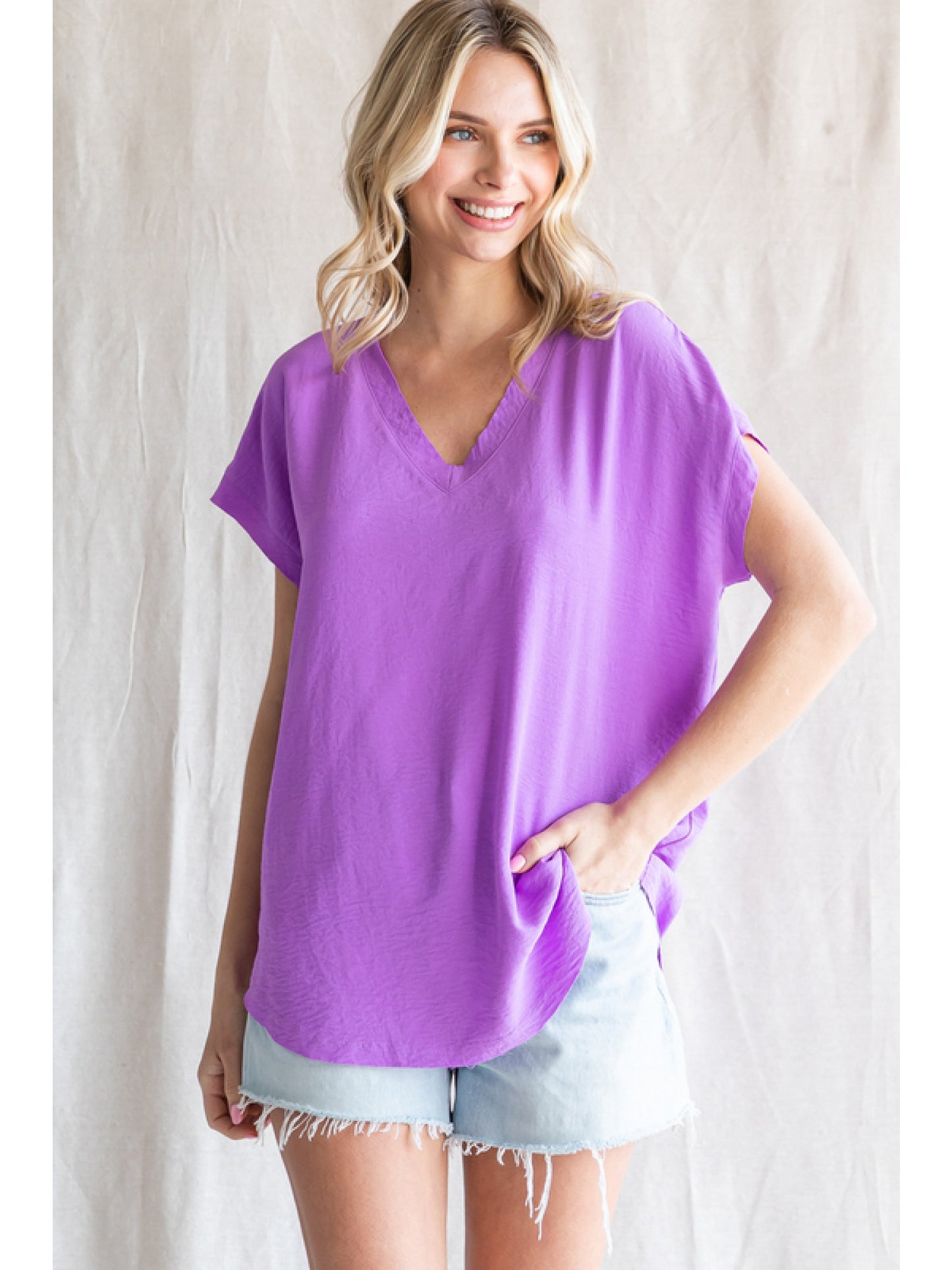 Simple Cap Sleeve V-Neck