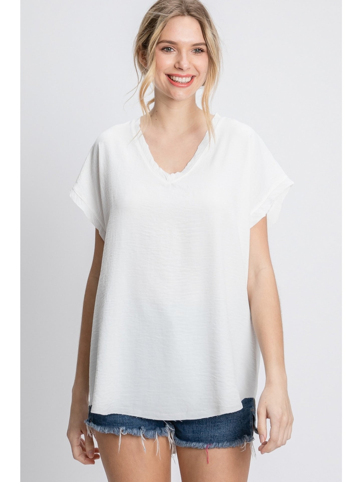 Simple Cap Sleeve V-Neck