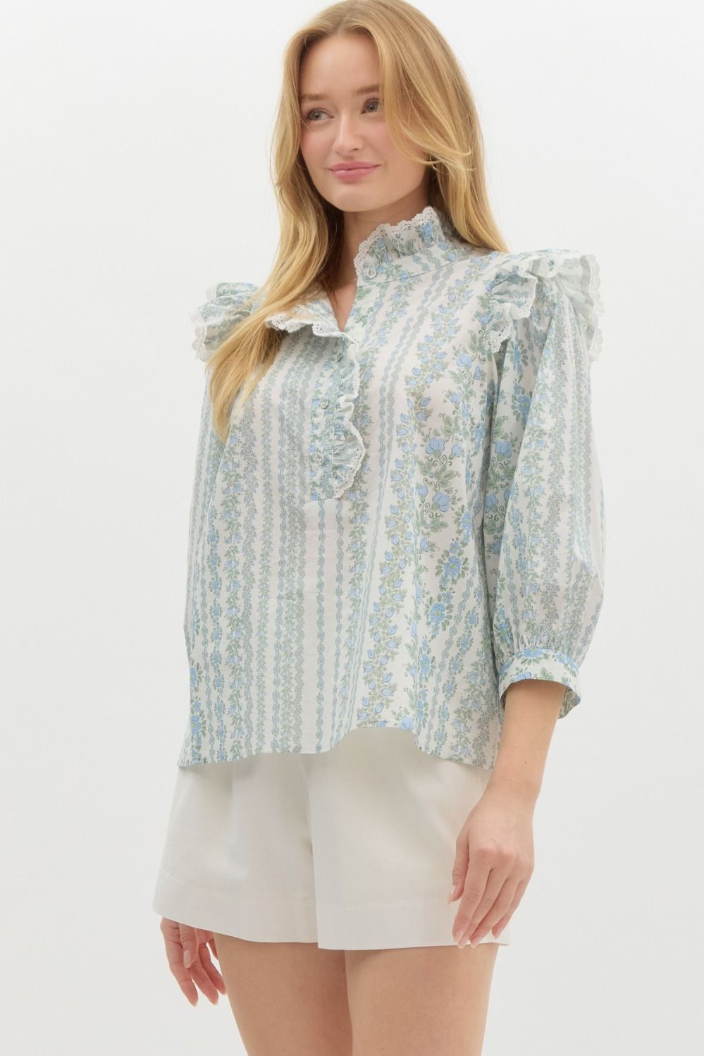 Blue Floral Crochet Trim Blouse