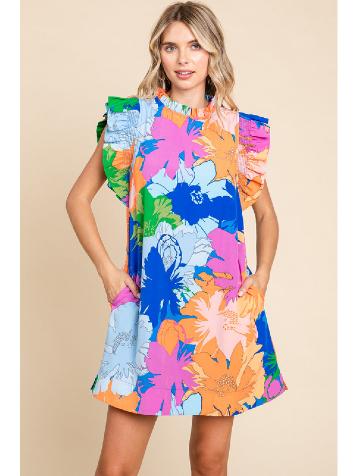 Frill Mock Neck Floral Dress