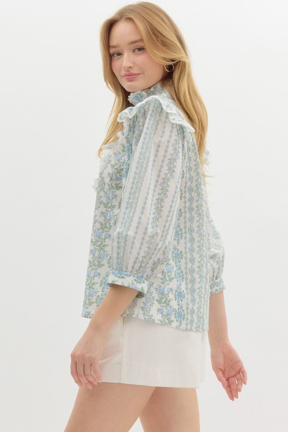 Blue Floral Crochet Trim Blouse