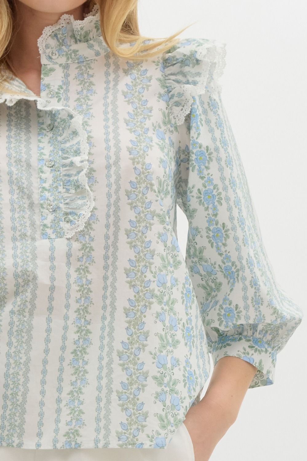 Blue Floral Crochet Trim Blouse