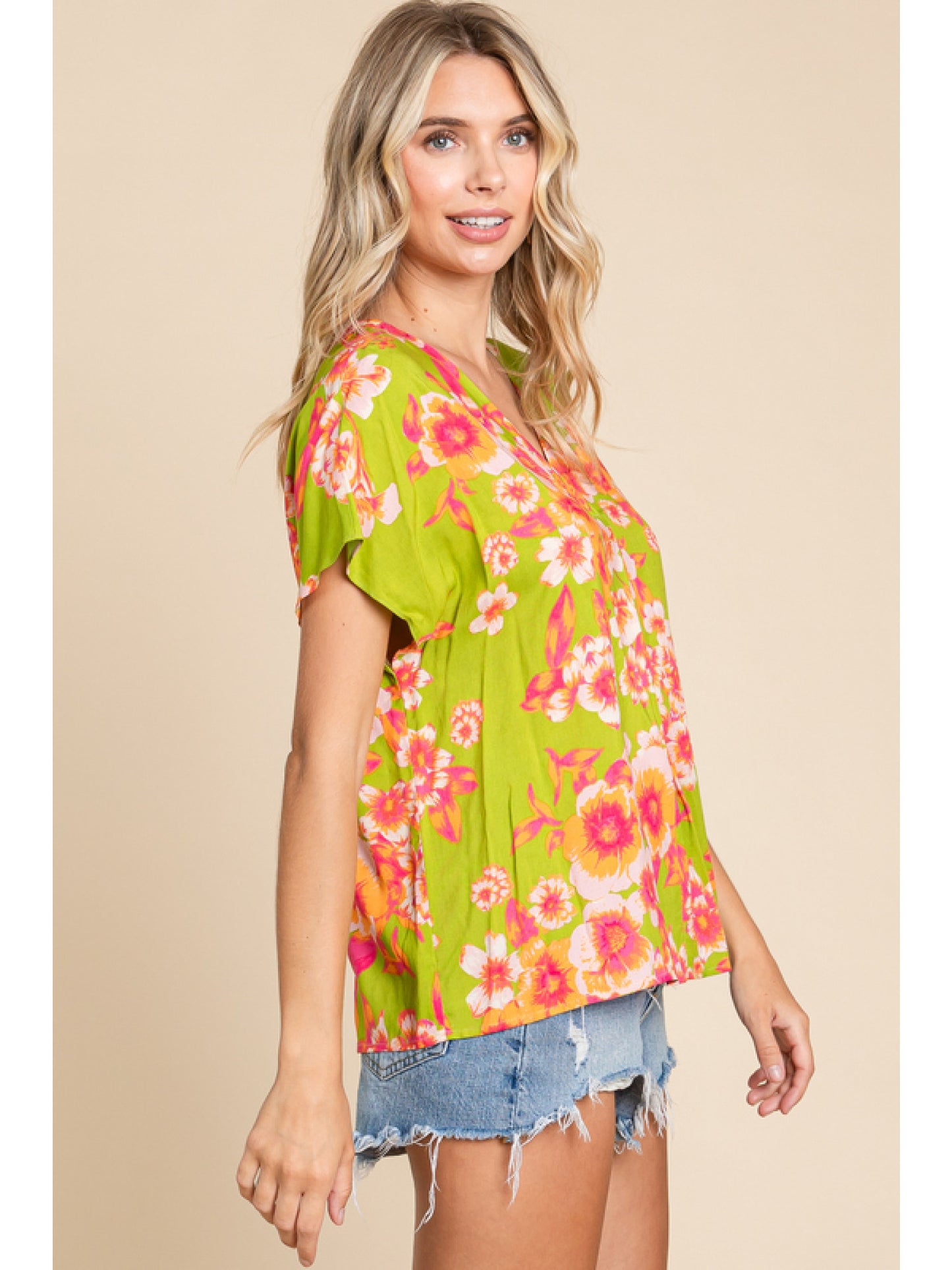 Apple Green Floral Print V-Neck Top