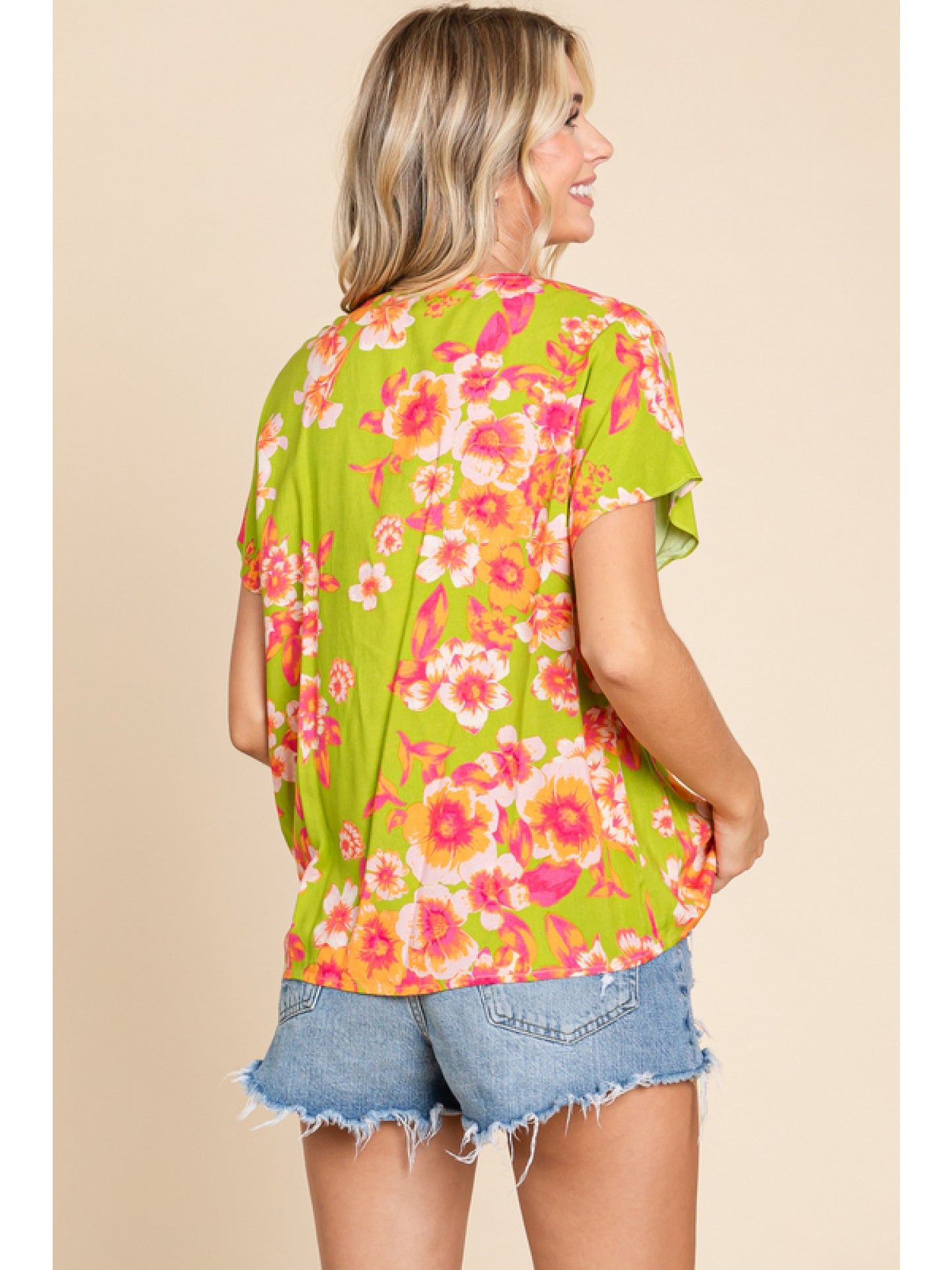 Apple Green Floral Print V-Neck Top