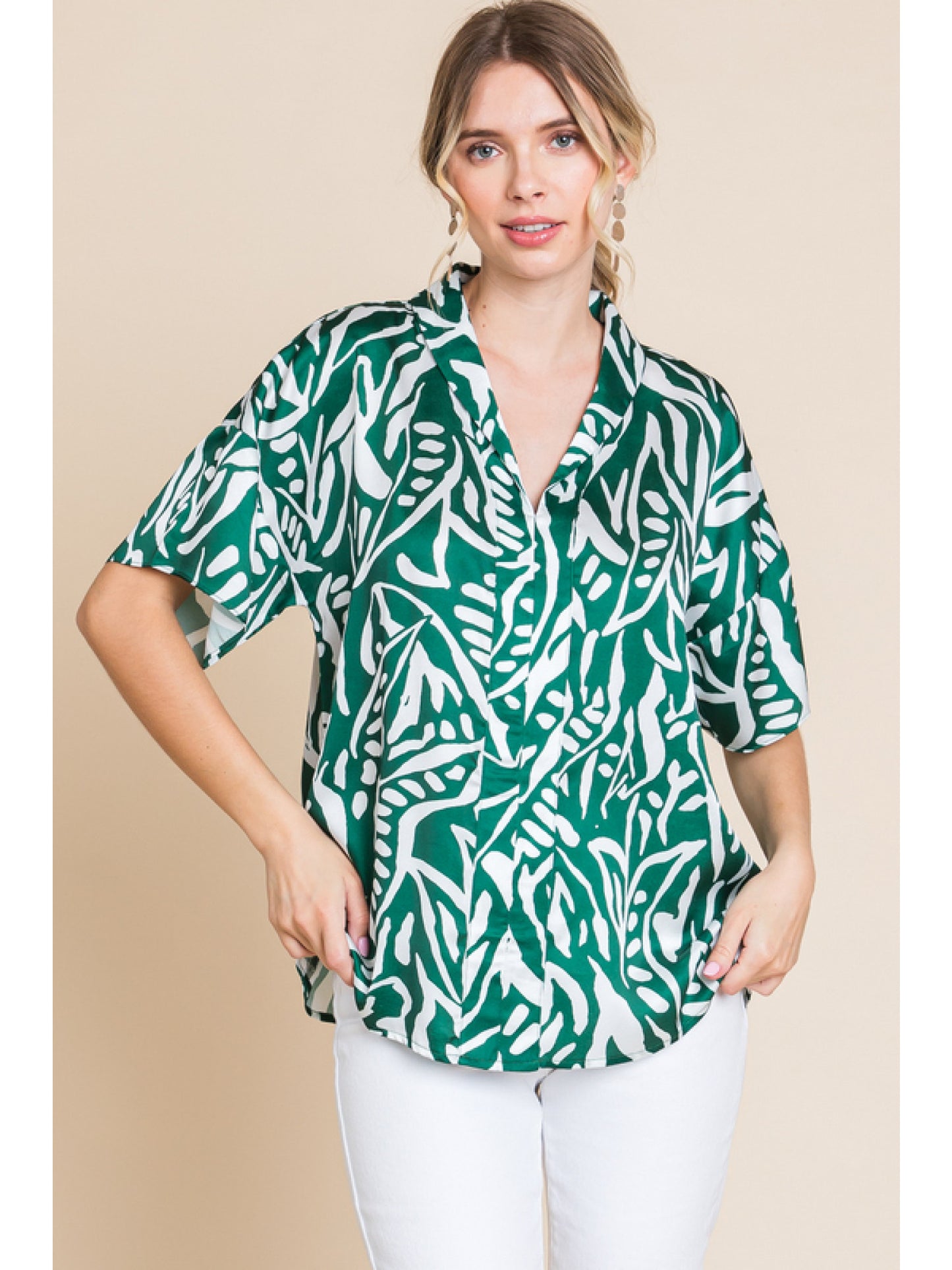 Satin Green & White Lapel Collar Top