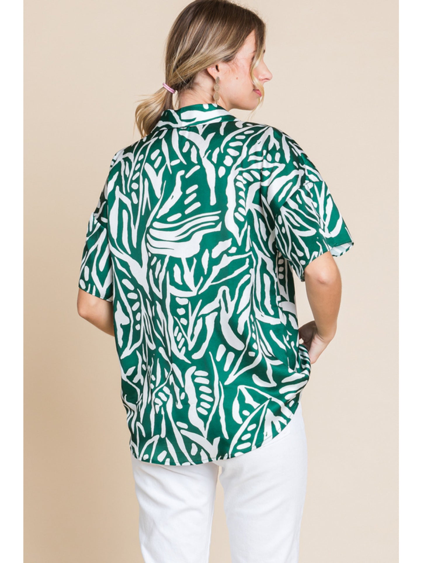 Satin Green & White Lapel Collar Top