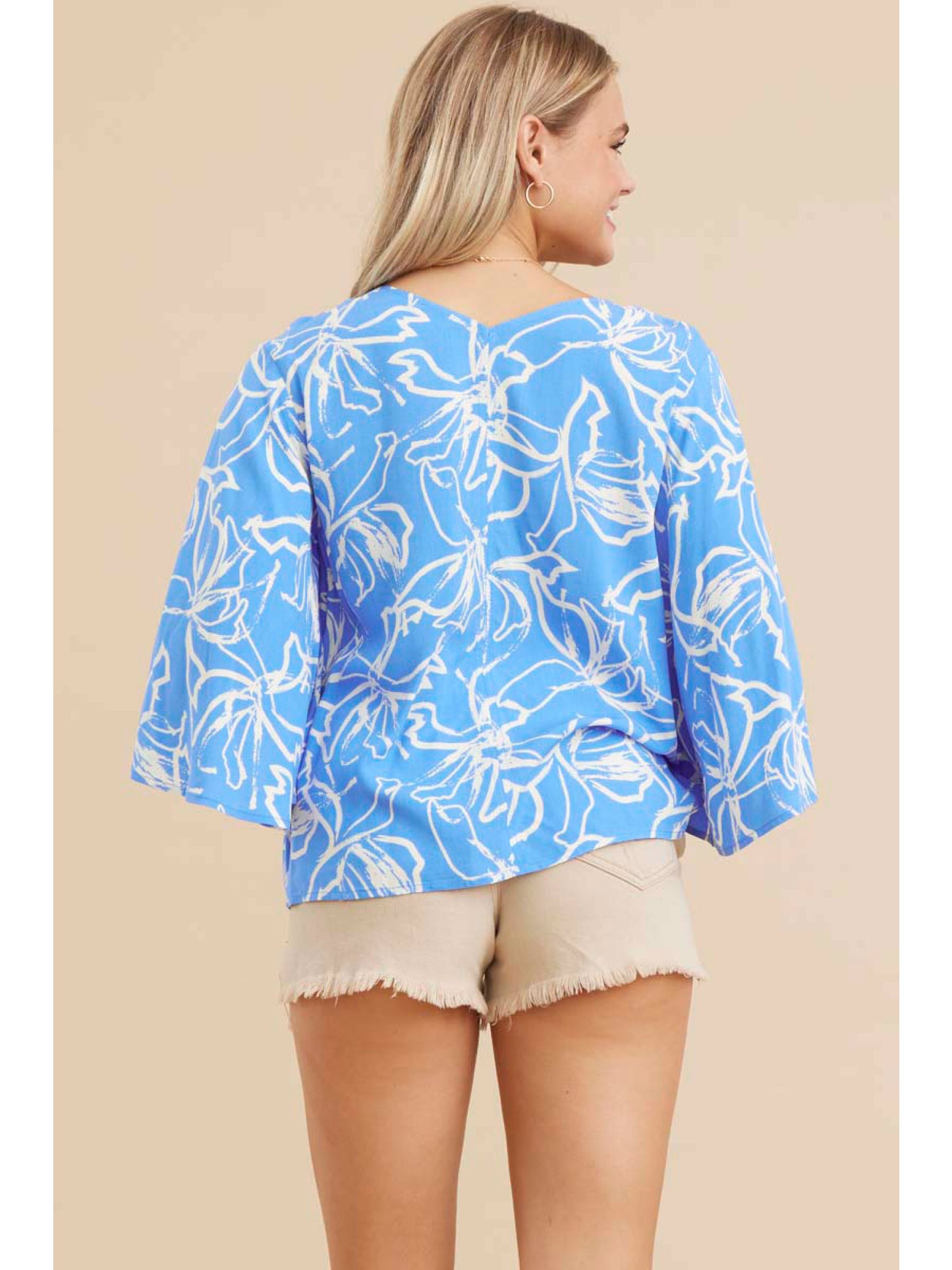 Blue Butterfly Sleeve V-Neck Top