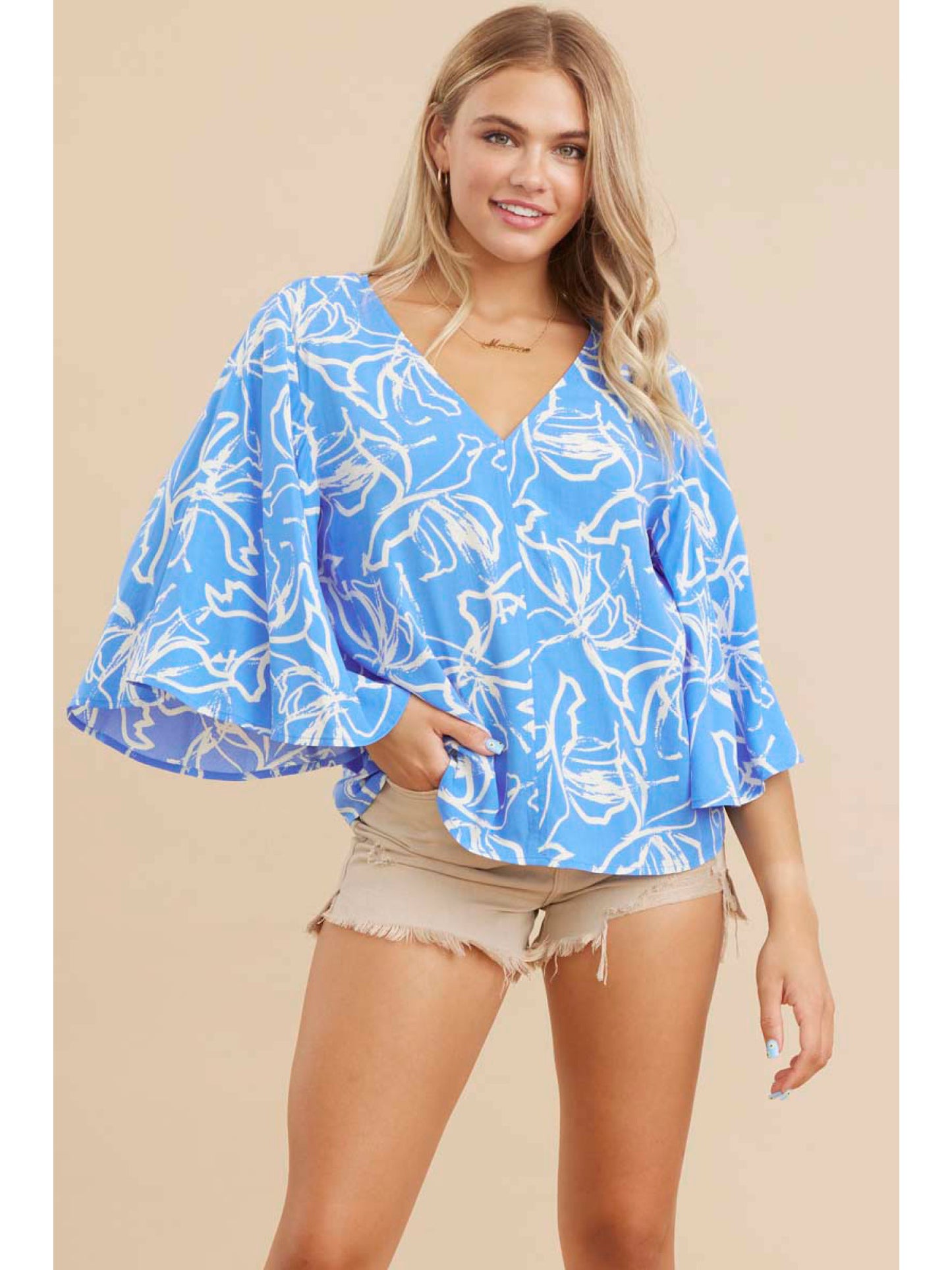 Blue Butterfly Sleeve V-Neck Top